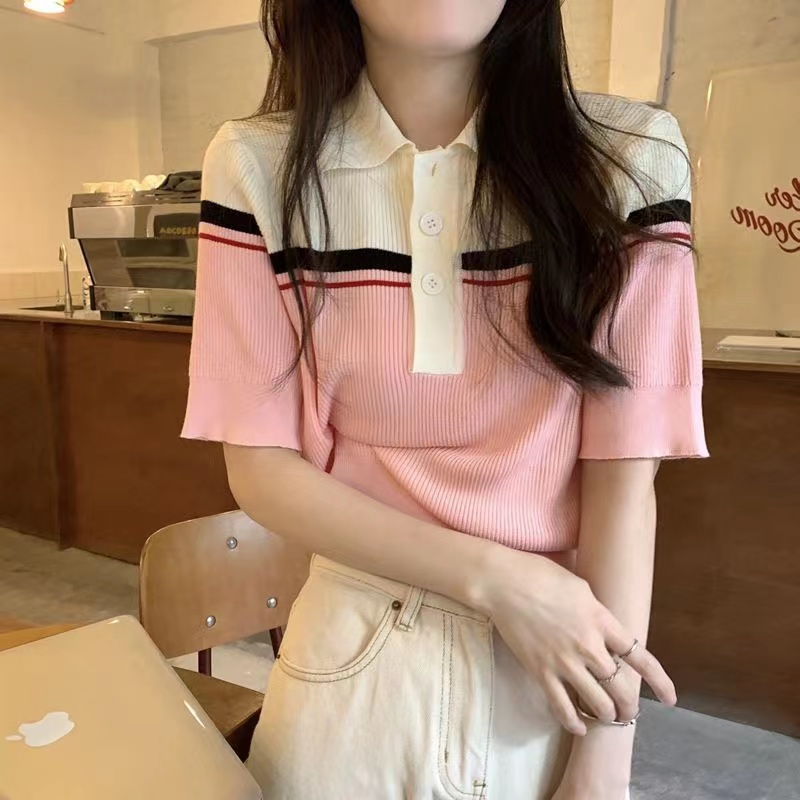 Ice silk slim bottoming T-shirt Korean style stripe tops