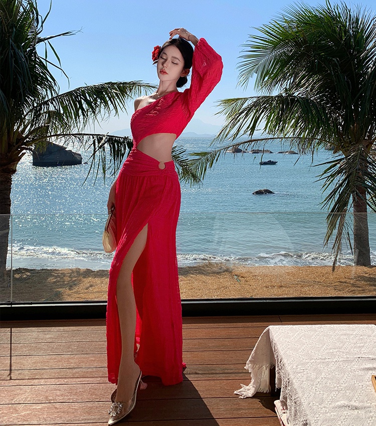 Vacation sloping shoulder France style sexy split dress