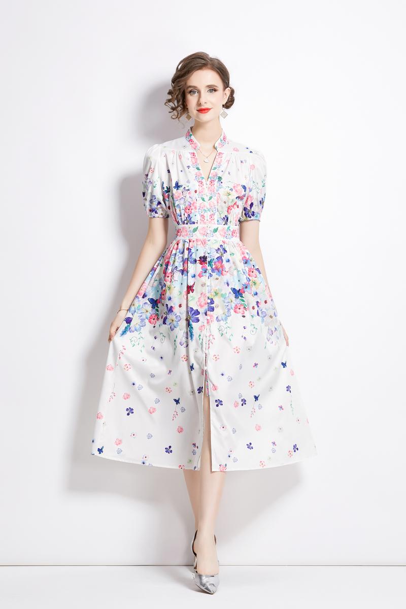Cstand collar single-breasted long dress flowers dress