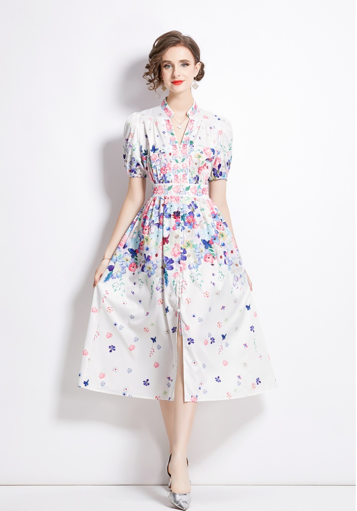 Cstand collar single-breasted long dress flowers dress