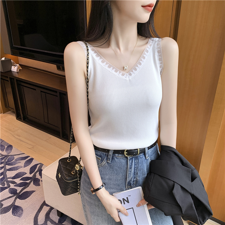 Lace V-neck sleeveless tops summer white vest for women