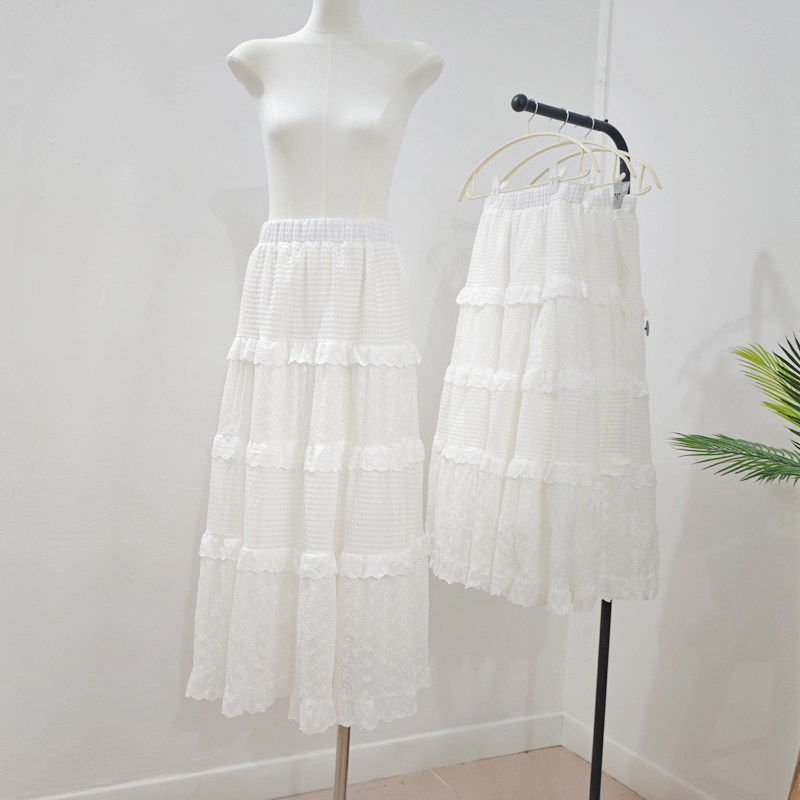 White loose lace long skirt cake splice skirt