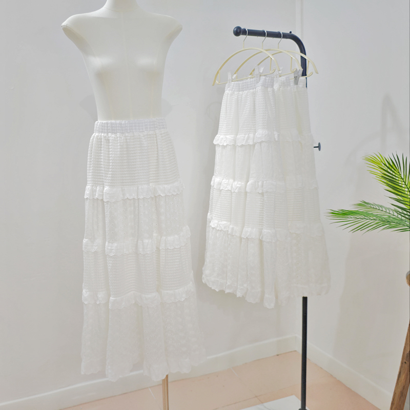 White loose lace long skirt cake splice skirt