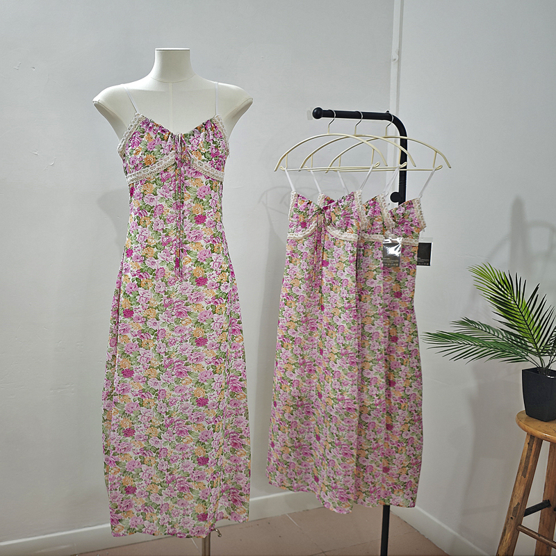 Sling floral rose dress lace pinched waist long dress