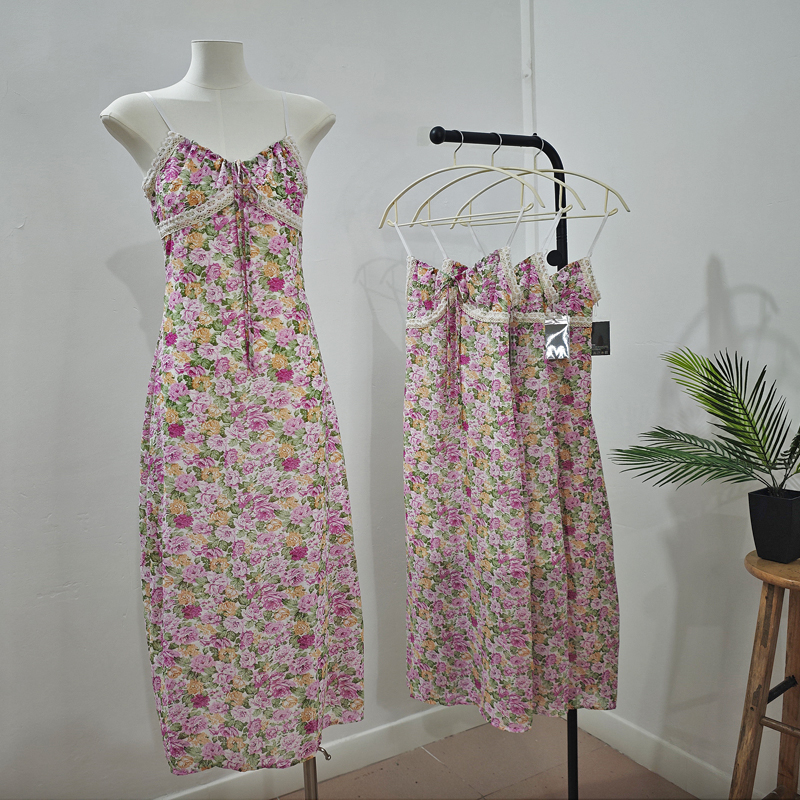 Sling floral rose dress lace pinched waist long dress