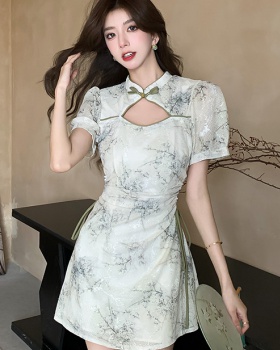 Slim court style hollow cheongsam ink drawstring summer dress