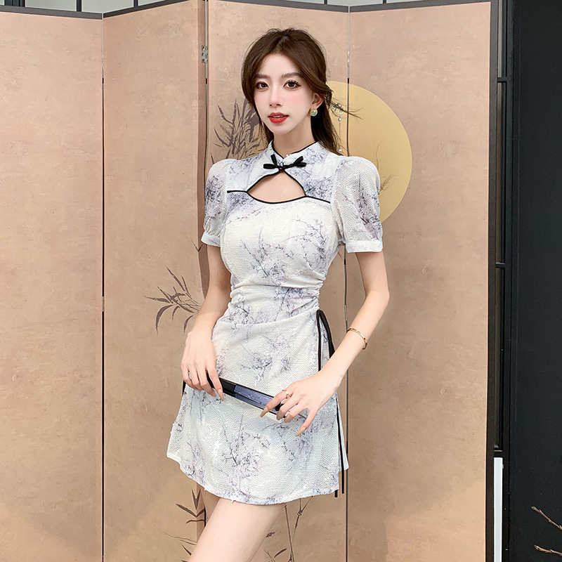 Slim court style hollow cheongsam ink drawstring summer dress