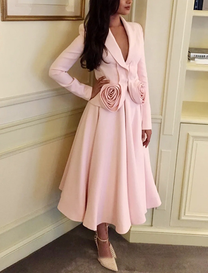 France style spring rose coat high waist pink skirt 2pcs set