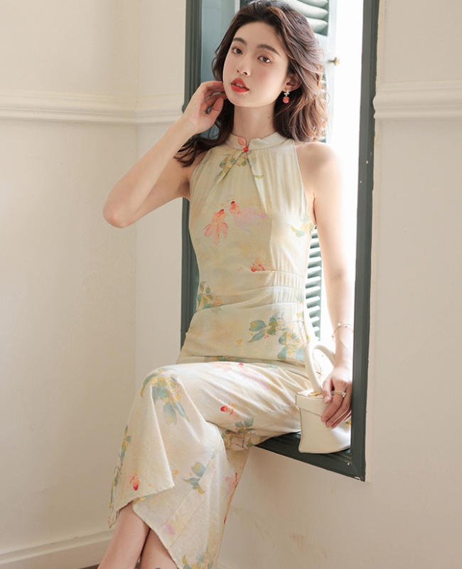 Retro split Chinese style cheongsam cstand collar halter dress