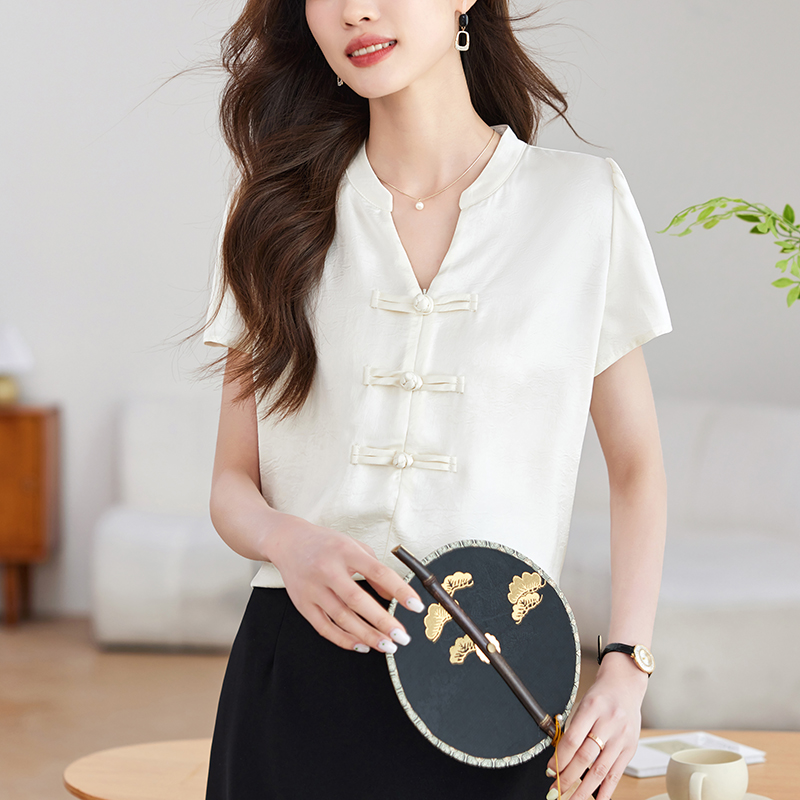 Chinese style jacquard shirt summer satin tops for women