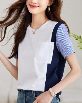 Short sleeve straight tops mixed colors splice T-shirt