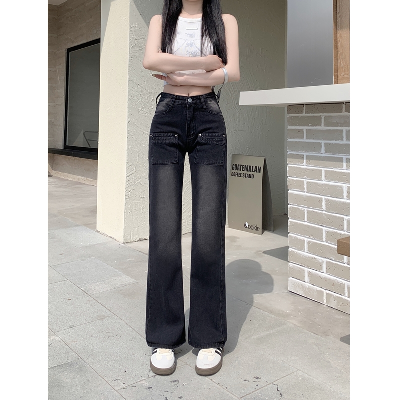High waist slim straight American style retro jeans