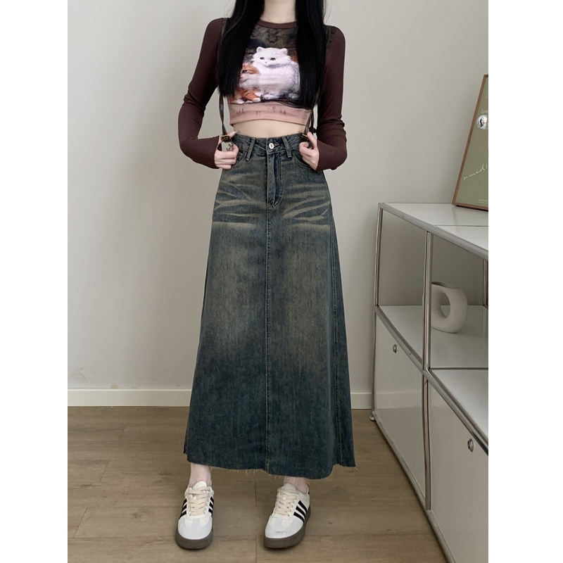 Fat sister package hip A-line denim skirt for women