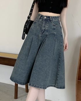 Pleated drape slim long skirt high waist big skirt denim skirt
