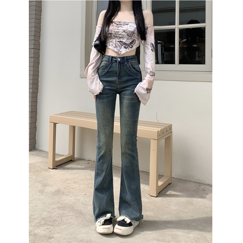 Straight large yard long pants high waist jeans for women