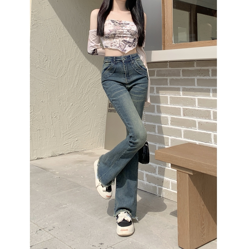 Straight large yard long pants high waist jeans for women