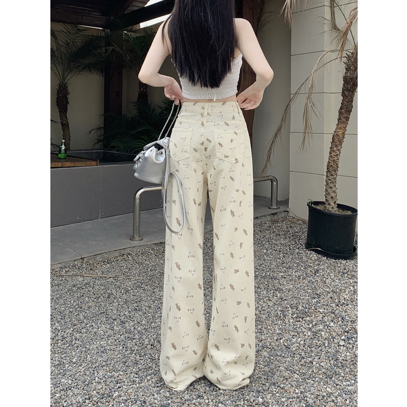 Printing straight retro all-match long pants for women