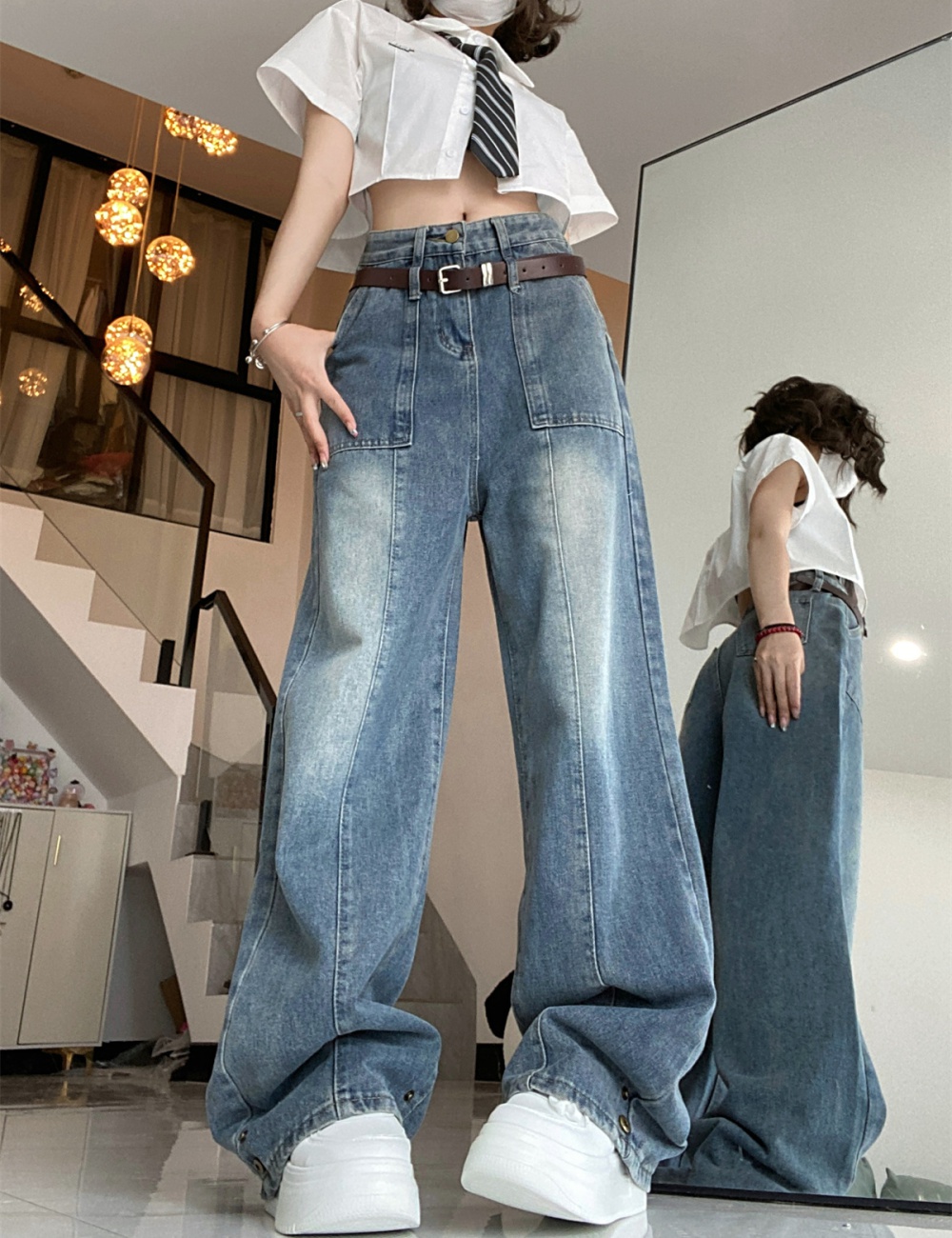 Summer large yard high waist casual pants thin retro jeans
