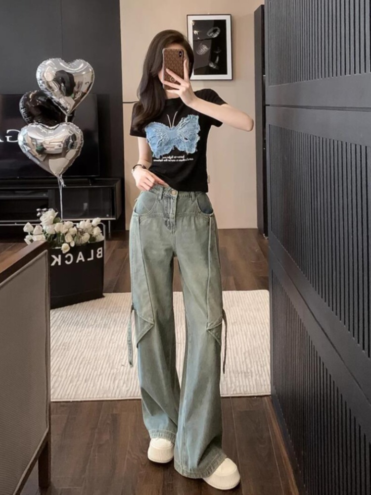 Washed long pants retro jeans for women