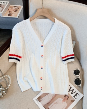 Short sleeve hollow tops ice silk chanelstyle cardigan for women
