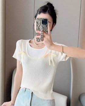 Thin Western style slim Pseudo-two bow sweater