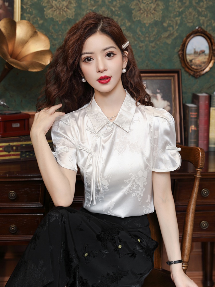 Doll collar short sleeve shirt chiffon tops for women