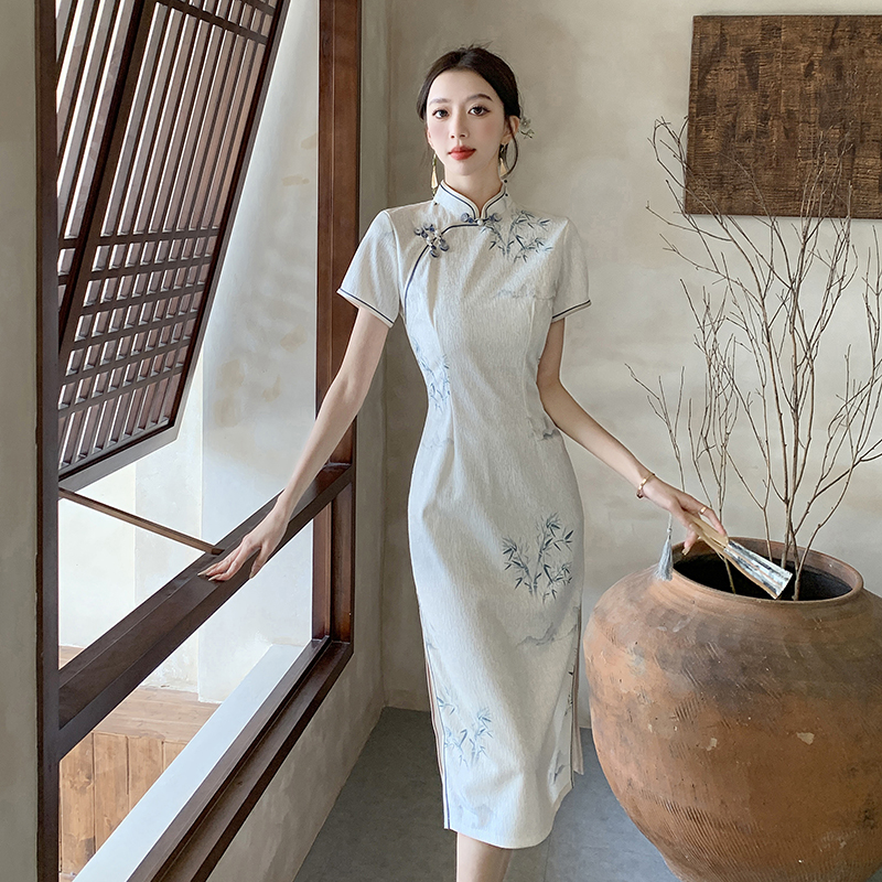 Maiden Chinese style long dress plain jane retro cheongsam