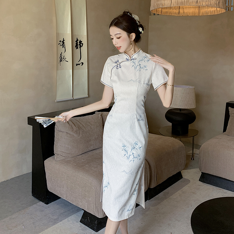 Maiden Chinese style long dress plain jane retro cheongsam