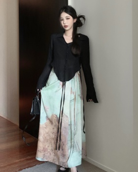 Frenum Chinese style shirt high waist skirt 2pcs set