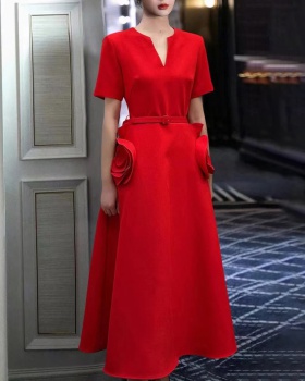 Short sleeve elegant temperament V-neck dress for women