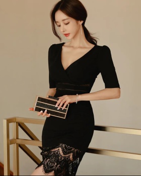 Temperament elegant slim pure T-back black splice lace dress