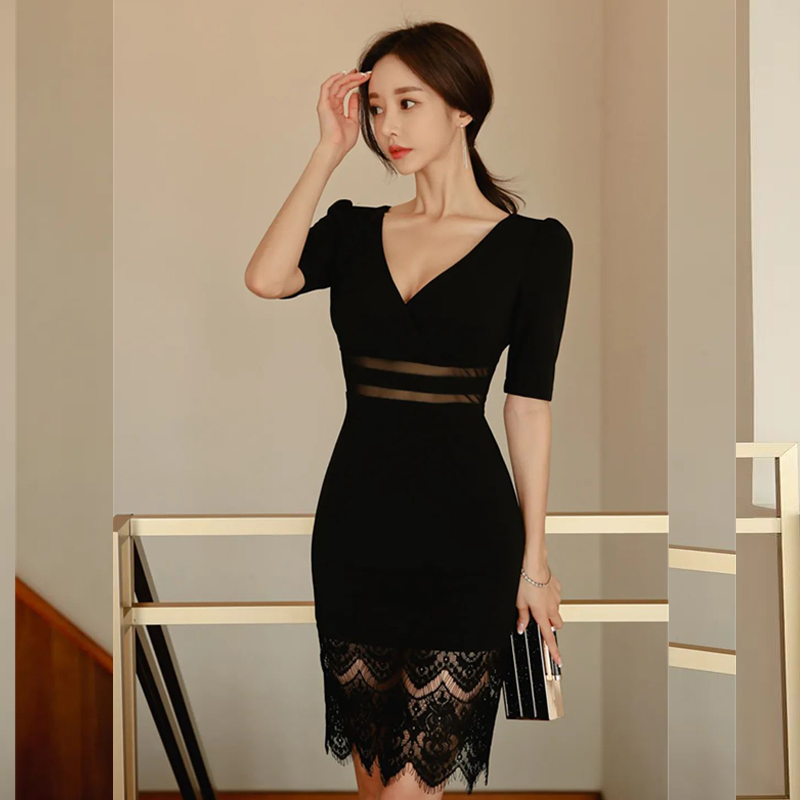 Temperament elegant slim pure T-back black splice lace dress