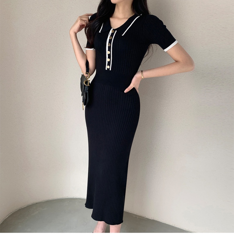 Slim Korean style long dress single-breasted hip dress for women