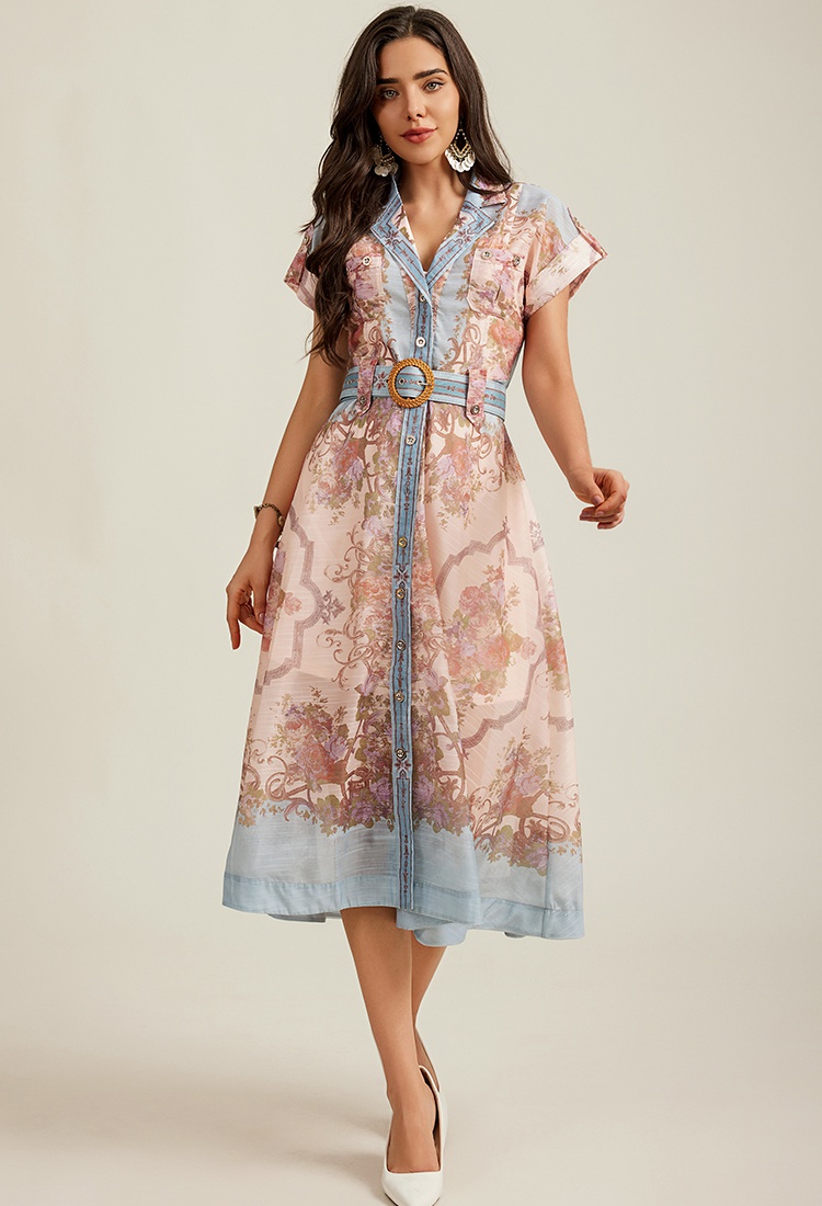 Vacation with belt seaside shirt France style printing dress