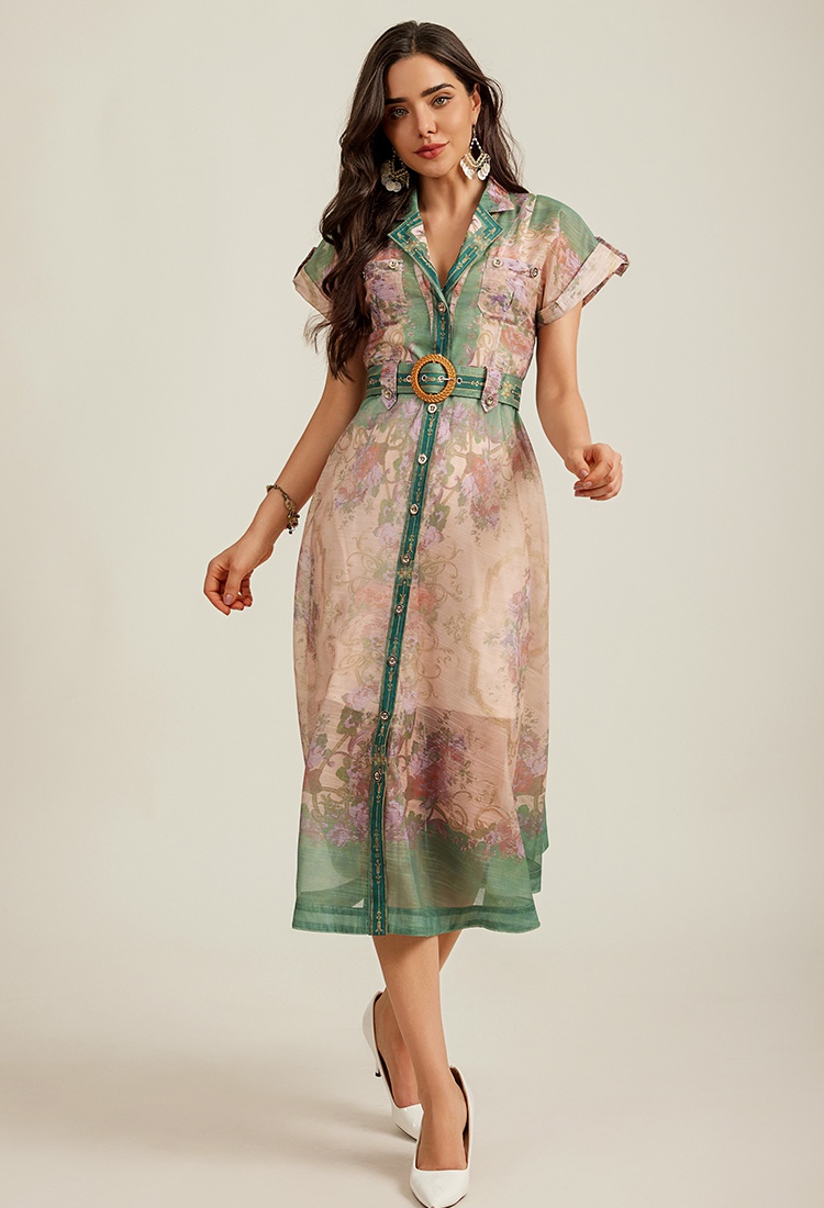 Vacation with belt seaside shirt France style printing dress