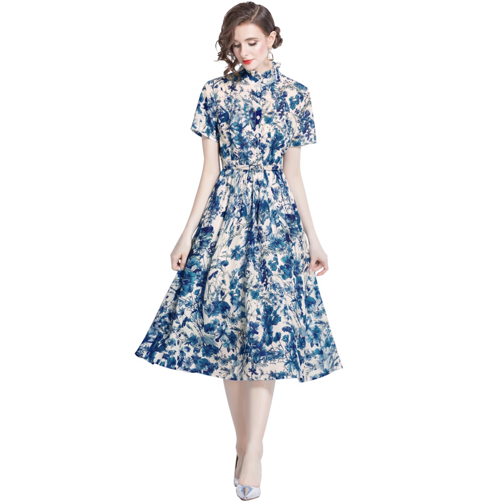 Short sleeve printing butterfly lined slim dress