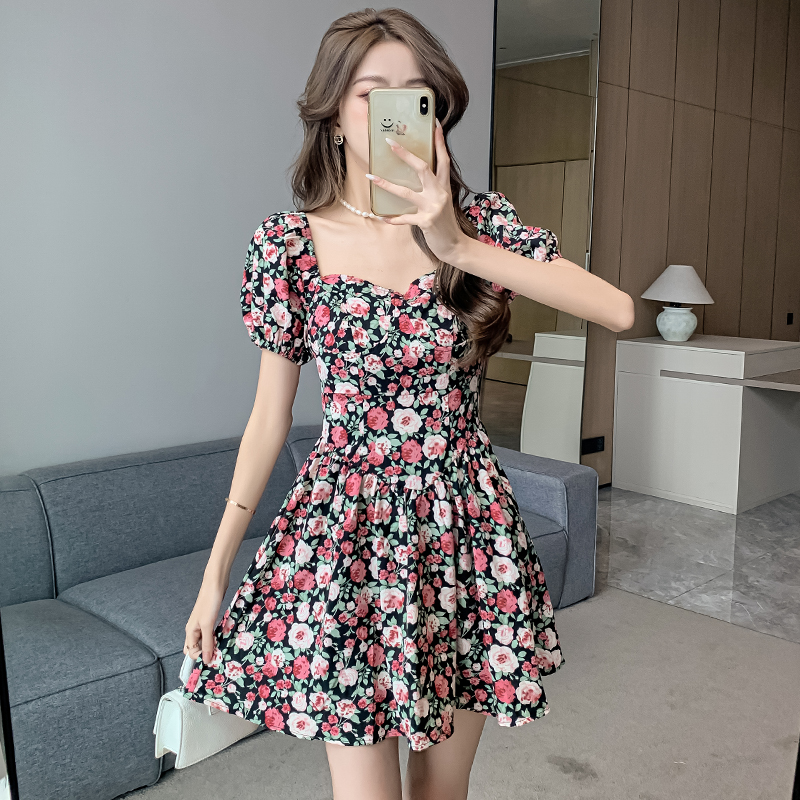 Sexy floral dress square collar T-back for women