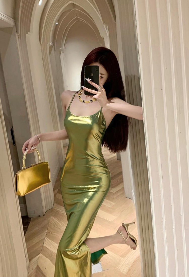Halter bronzing spicegirl sexy European style tight slit dress