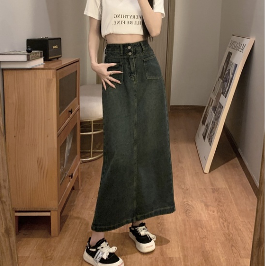 Denim fat A-line loose long high waist skirt for women