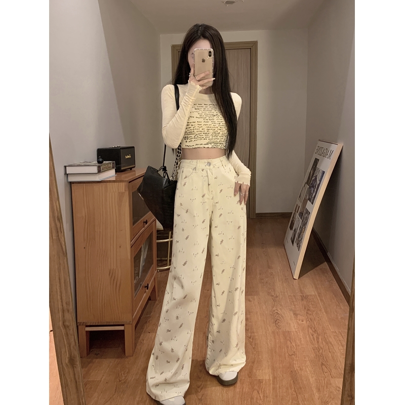Straight floral retro large yard long pants for women