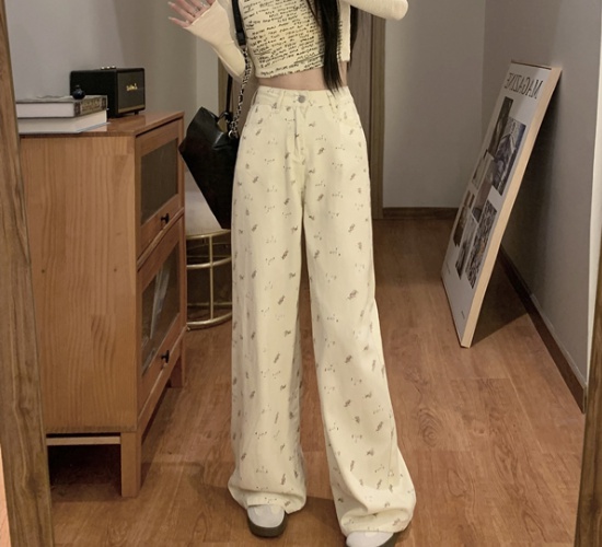 Straight floral retro large yard long pants for women