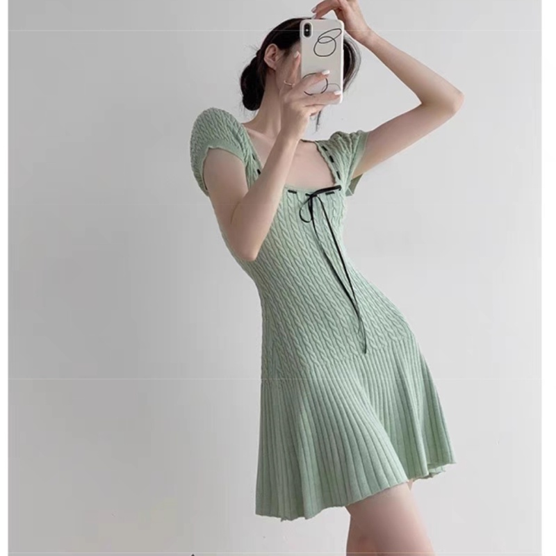 Short sleeve square collar dress green long dress for women