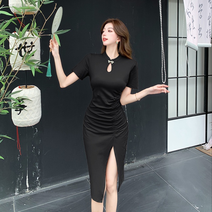 Pinched waist cstand collar fold Chinese style dress