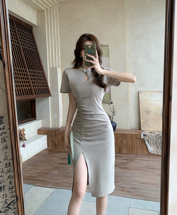 Pinched waist cstand collar fold Chinese style dress