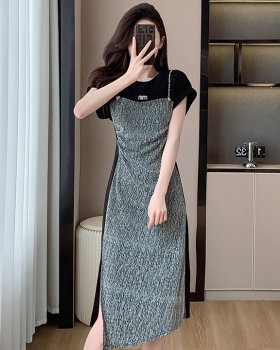 Pseudo-two splice long Korean style fashion split dress