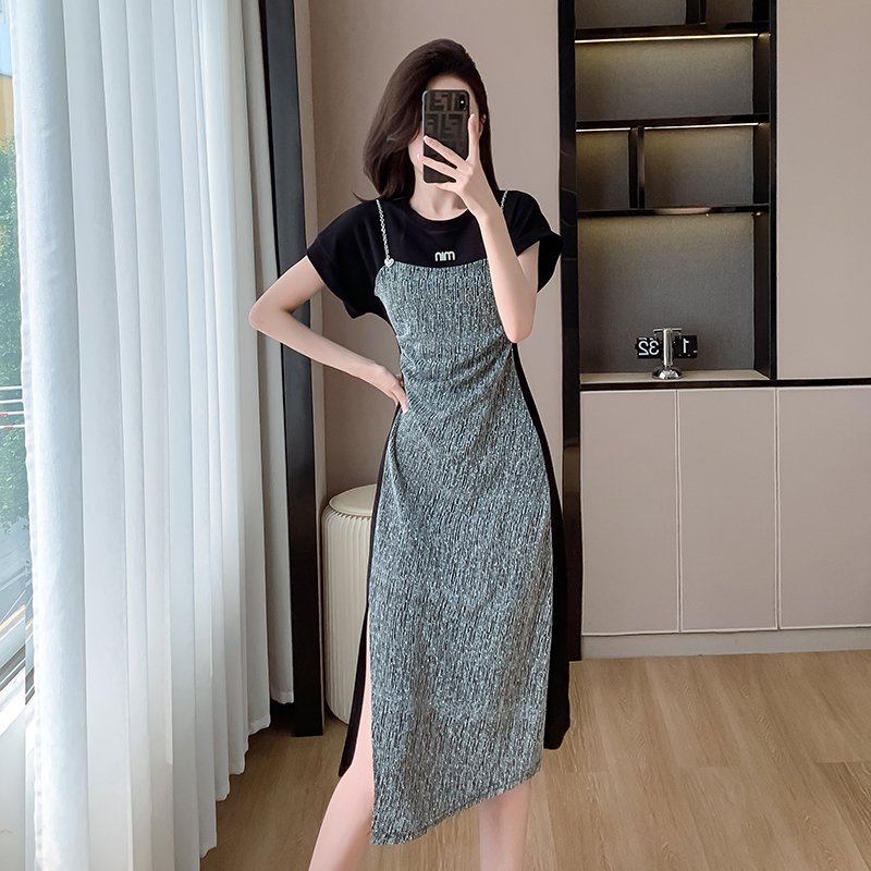 Pseudo-two splice long Korean style fashion split dress