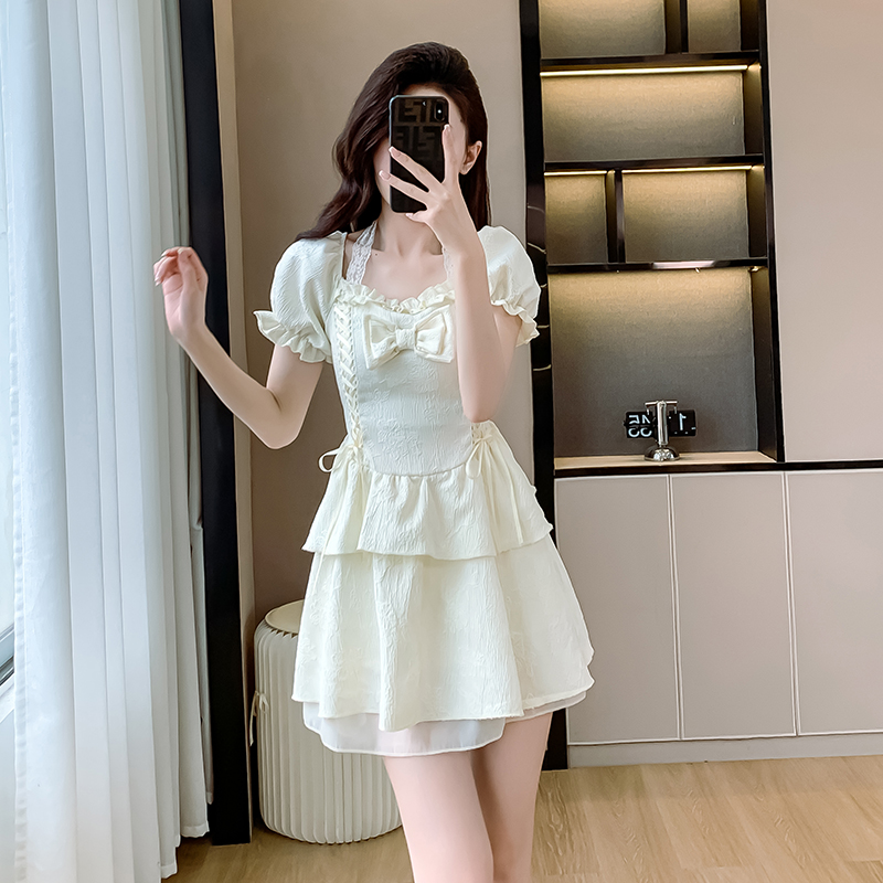 Temperament bow summer T-back was white small lucky dress