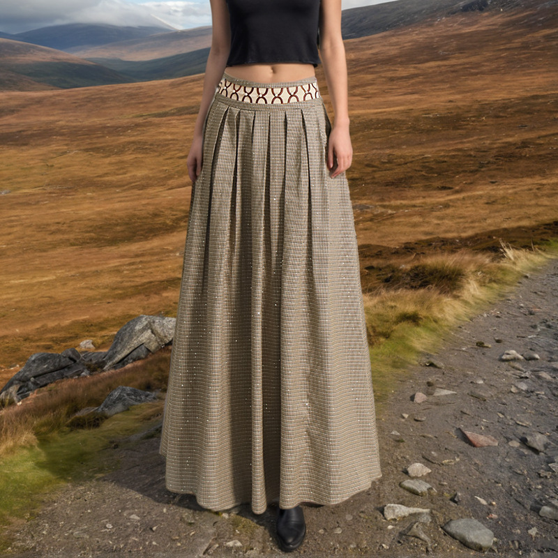 Fashion A-line fold summer sequins plaid skirt for women