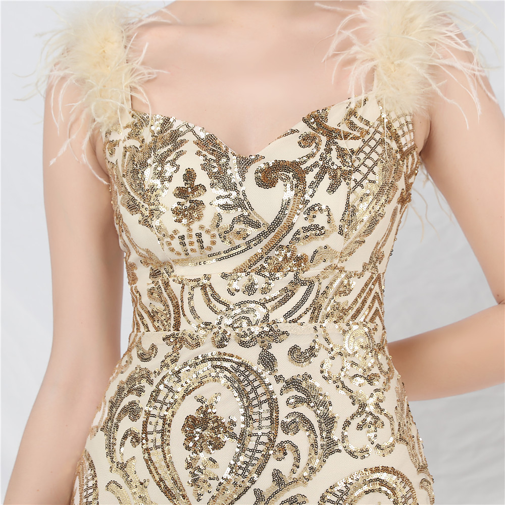 Ostrich hair sequins formal dress long gauze dress
