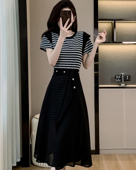 Stripe short sleeve slim skirt summer fashion dress 2pcs set